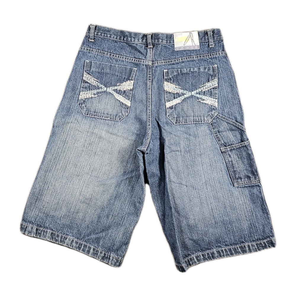 Vintage Outback Rider Y2K Denim Shorts Mens 34 Blue Utility Cargo Pocket 00s 14"